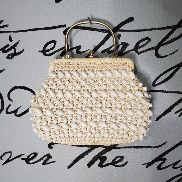 Vintage 1950’s Mid-Century Ivory Italian Beaded Handbag w/ Metal Handle - Picture 1 of 9